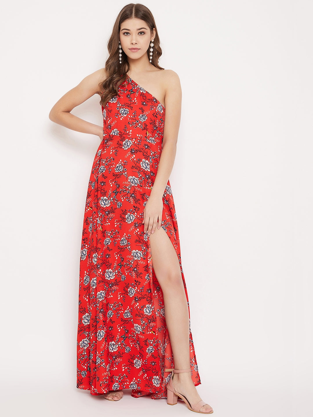 Red Floral Printed One Shoulder Maxi Dress